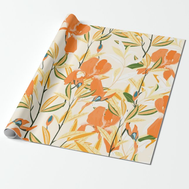 Papier Cadeau Motif floral incomparable. Arrangement orange iris (Déroulé)