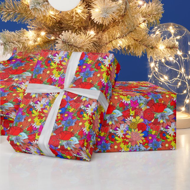 Papier Cadeau Motif floral jaune bleu pourpre vert rouge (Vacances)