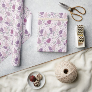 Papier Cadeau Motif floral lilas rose et violet clair  