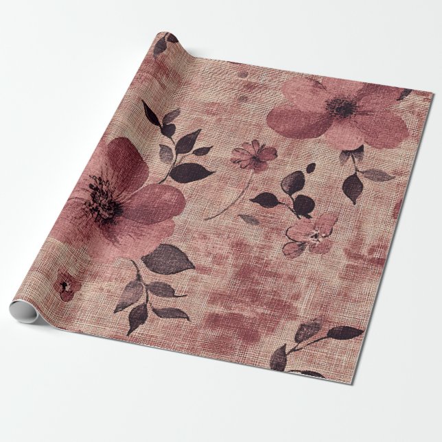 Papier Cadeau Motif Floral Lin Rustique Rose (2) (Déroulé)