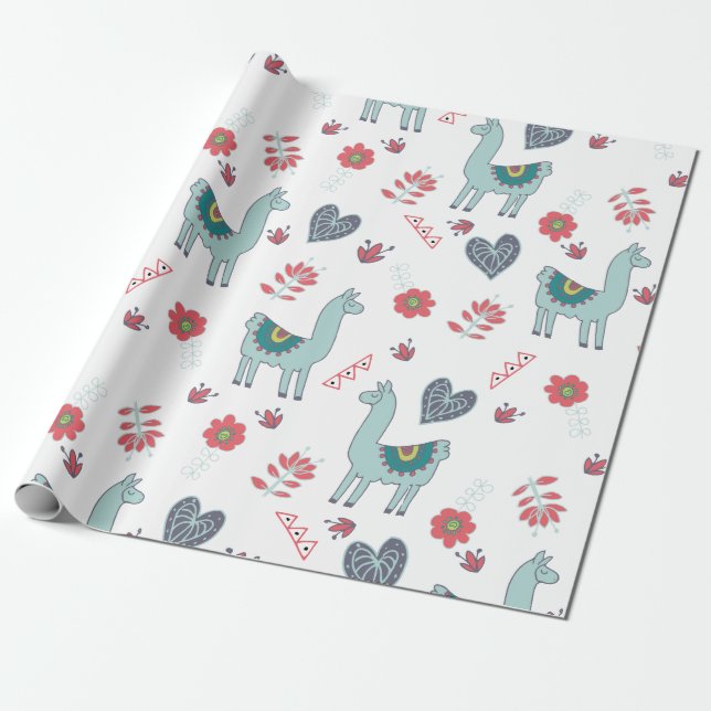 Papier Cadeau Motif Floral Llama Cute Impression (Déroulé)