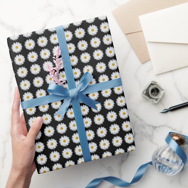 Papier Cadeau Motif floral marguerrier blanc sur noir (Cadeaux)