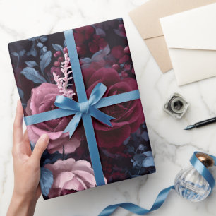 Papier Cadeau Motif floral marine rose burgundy élégant