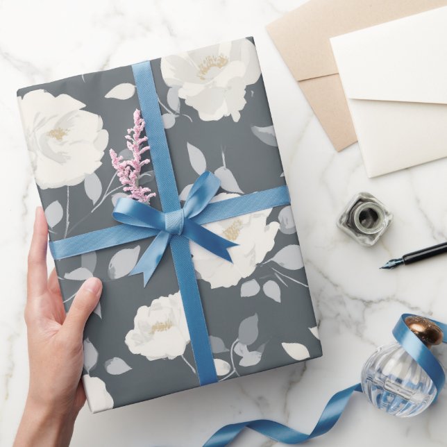 Papier Cadeau Motif floral minimal gris rose blanc (Cadeaux)