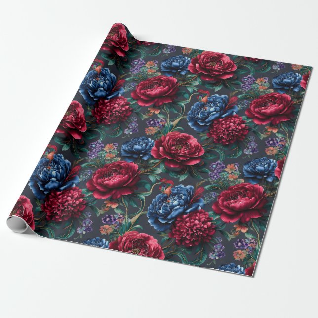 Papier Cadeau Motif floral moderne aux tons de bijoux (Déroulé)
