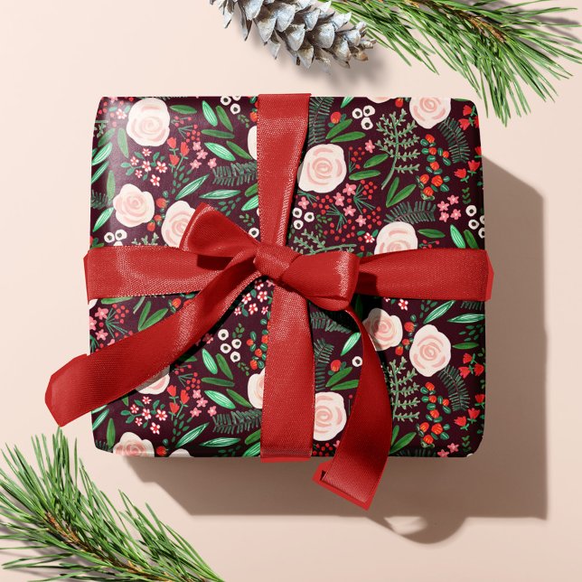 Papier Cadeau Motif floral moderne de Noël  (Modern Floral Pattern Christmas Holiday Wrapping Paper)