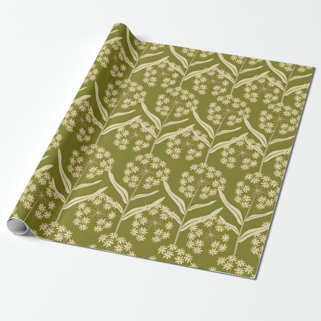 Papier Cadeau Motif floral moderne : fleurs d'ombelle blanches (Déroulé)