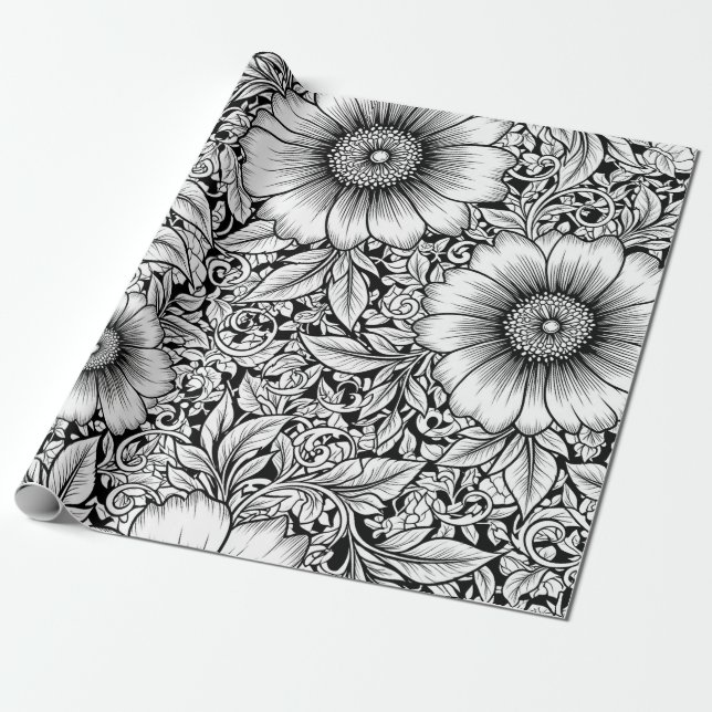 Papier Cadeau Motif floral monochrome chic de luxe (7) (Déroulé)
