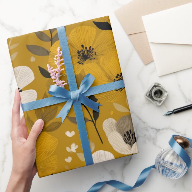 Papier Cadeau Motif floral moutarde fleur ton chaud rétro (Cadeaux)