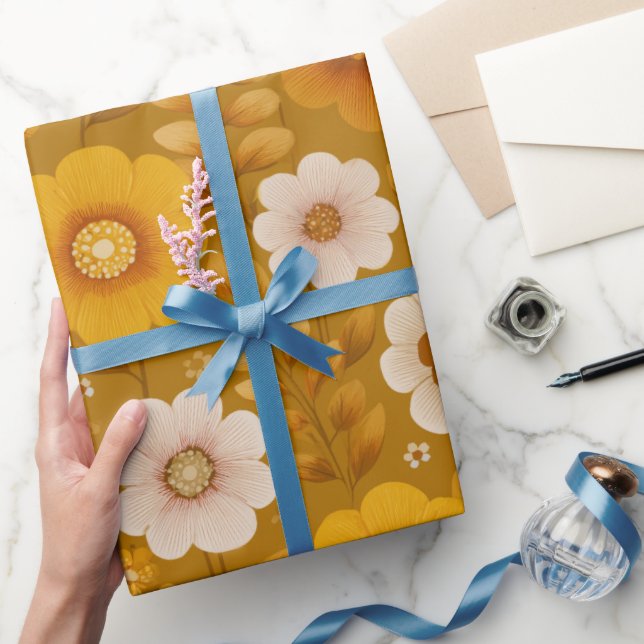 Papier Cadeau Motif floral moutarde fleuri ton chaud rétro (Cadeaux)