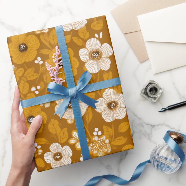 Papier Cadeau Motif floral moutarde fleuri ton chaud rétro (Cadeaux)