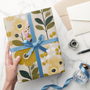 Papier Cadeau Motif floral moutarde fleuri ton chaud rétro