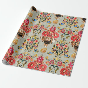 Papier Cadeau motif floral mughal ethnique transparent sur fond