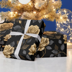 Papier Cadeau Motif floral noir Rose avec accent doré élégant