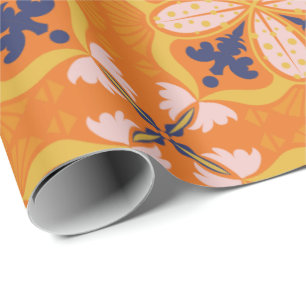 Papier Cadeau Motif floral orange et bleu vibrant