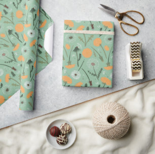 Papier Cadeau Motif floral orange fleurs de pissenlit