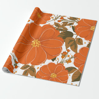 Papier Cadeau Motif floral orange vibre avec Feuille