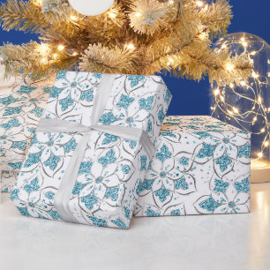 Papier Cadeau Motif floral pailleté en blanc et indigo