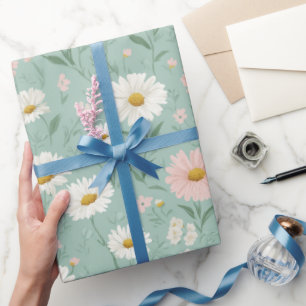 Papier Cadeau Motif floral pastel Cottagecore Daisy Menthe