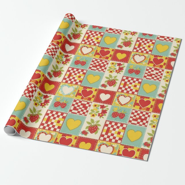 Papier Cadeau Motif floral patchwork rétro à la fraise (Déroulé)
