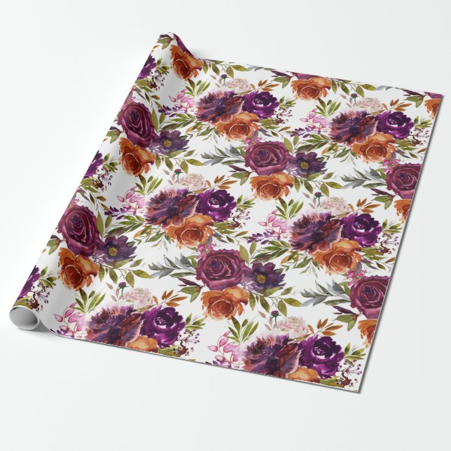Papier Cadeau Motif floral prune et gingembre (Déroulé)