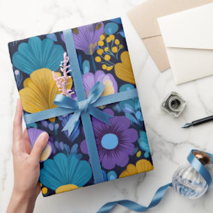 Papier Cadeau Motif floral rétro des années 70 en bleu, violet e