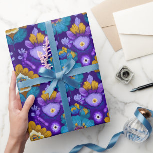 Papier Cadeau Motif floral rétro des années 70 en bleu, violet e