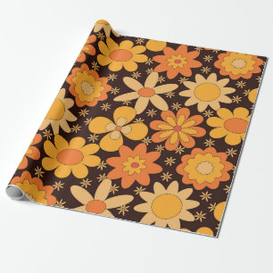 Papier Cadeau Motif floral rétro groovy jaune et orange 