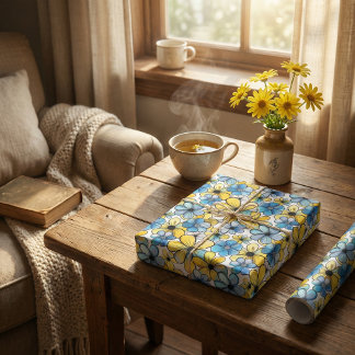Papier Cadeau Motif floral rétro jouable, bleu doux et jaune