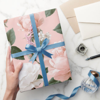 Papier Cadeau Motif floral rose blanche rose tendre délicate