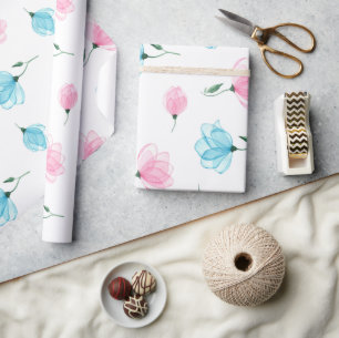 Papier Cadeau Motif floral rose bleu élégant