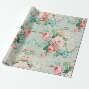 Papier Cadeau Motif Floral Rose Rose Pâle Vintage Shabby Chic