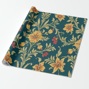 Papier Cadeau Motif floral rouge et jaune vintage sur fond bleu