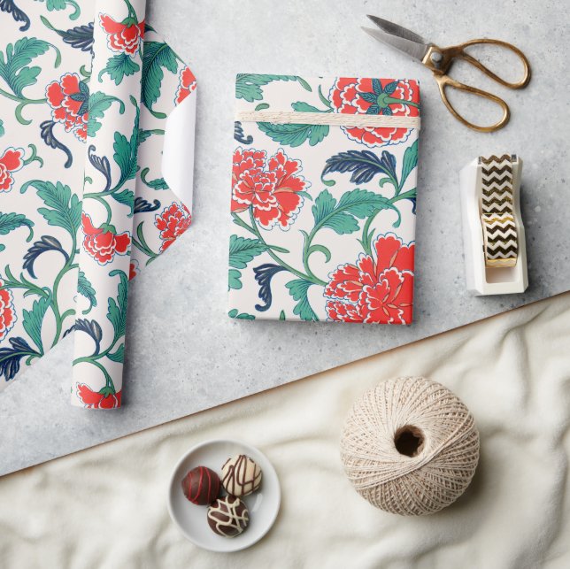 Papier Cadeau Motif floral rouge et vert (Artisanat)