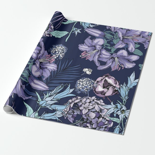 Papier Cadeau Motif floral sans soudure. Il y a Lily, Hydrangea (Déroulé)