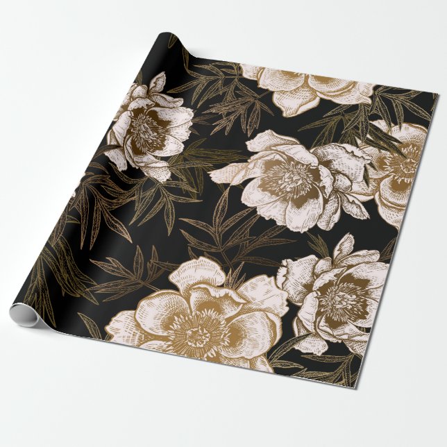 Papier Cadeau Motif floral sans soudure. Jardin fleurs pivoines  (Déroulé)