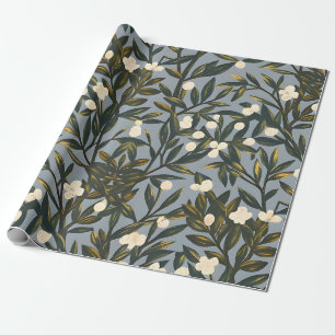 Papier Cadeau Motif floral sur fond bleu-gris poussiéreux