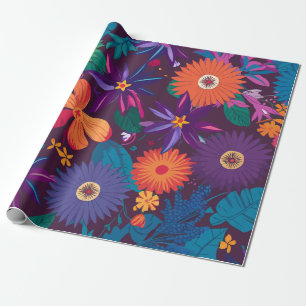 Papier Cadeau Motif floral tropical coloré avec fleurs en gras