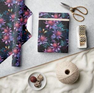Papier Cadeau Motif floral tropical violet néon foncé