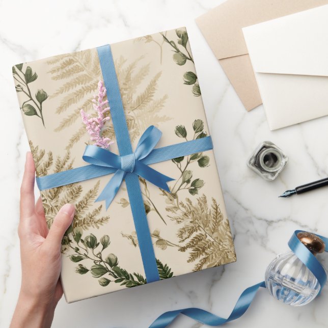 Papier Cadeau Motif floral vert botanique beige (Cadeaux)