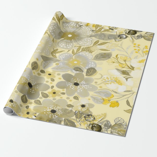 Papier Cadeau Motif floral vert et jaune (Déroulé)