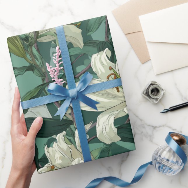 Papier Cadeau Motif floral vert lis blanc classique (Cadeaux)