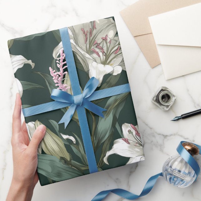 Papier Cadeau Motif floral vert lis blanc classique (Cadeaux)