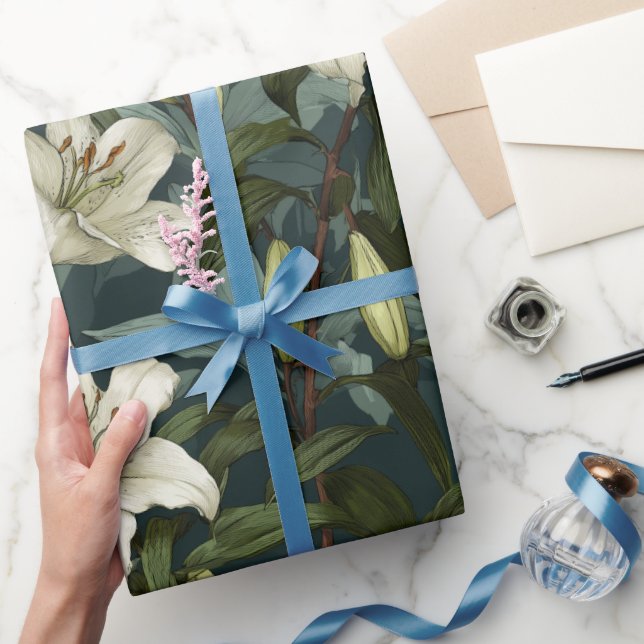 Papier Cadeau Motif floral vert lis blanc classique (Cadeaux)