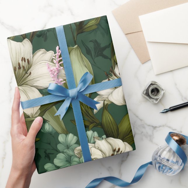 Papier Cadeau Motif floral vert lis blanc classique (Cadeaux)