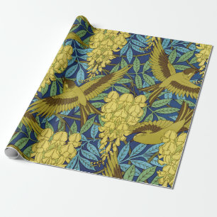 Papier Cadeau Motif floral vintage bleu marine et jaune