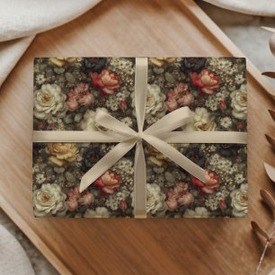 Papier Cadeau Motif Floral Vintage Foncé Rose Pivoine Crème Rose
