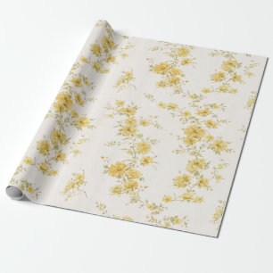 Papier Cadeau Motif floral vintage jaune doré délicat