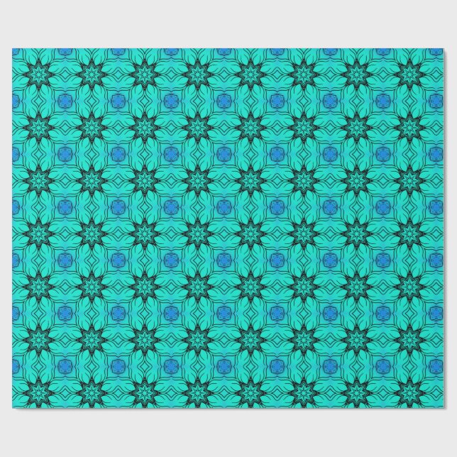 Papier Cadeau Motif fractal en kaléidoscope turquoise et bleu (Plat)