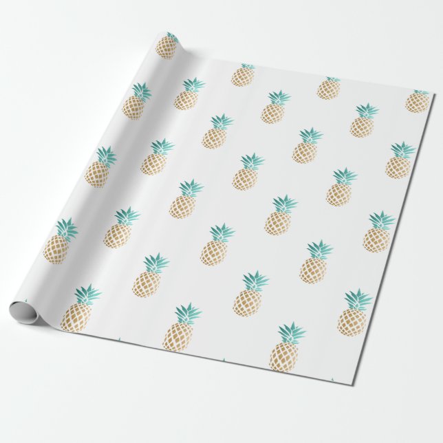Papier Cadeau motif frais tropical d'ananas d'or de faux d'été (Déroulé)